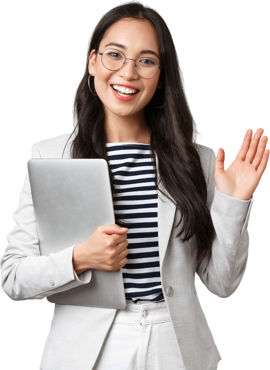 business finance employment female successful entrepreneurs concept friendly smiling office manager greeting new coworker businesswoman welcome clients with hand wave hold laptop 1
