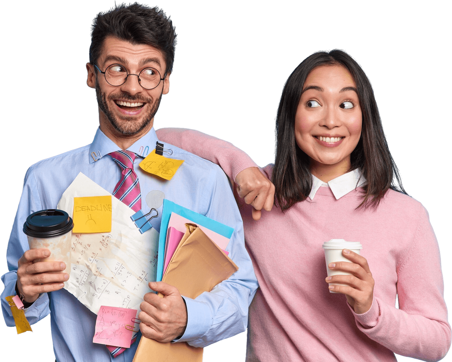 studio shot happy classmates discuss school project ideas stand glad drink take away coffee look cheerfully each other glad nerd man holds folders covered with stickers formal shirt 1 1